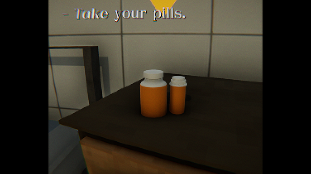 A tabletop with two orange pill bottles, one large and one small, against a neutral backdrop, with text reading "- Take your pills." above them.