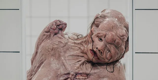 An unsettling humanoid figure with exaggerated features and a distorted appearance, set against a plain background.