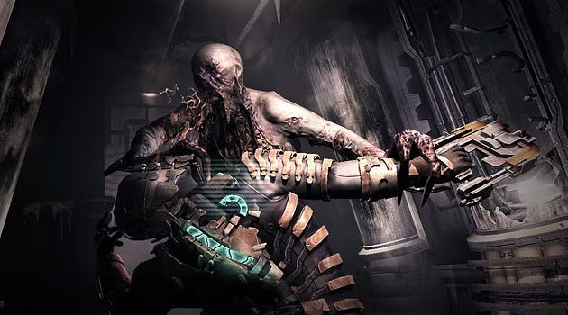 A monstrous, mutated creature with a grotesque appearance, wielding a large weapon in a dark, industrial setting.