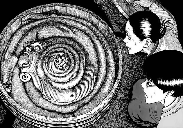 A close-up view of a spiraled creature in a woven basket, with two characters observing it intently.